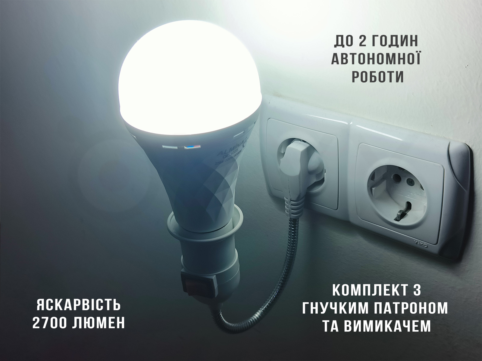 Светодиодная лампа с аккумулятором ALMINA DL-1025, 25W комплект с гибким патроном и выключателем
